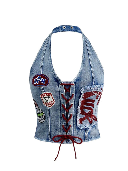 Plus Size Embroidered Denim Baby Blue Halter Top