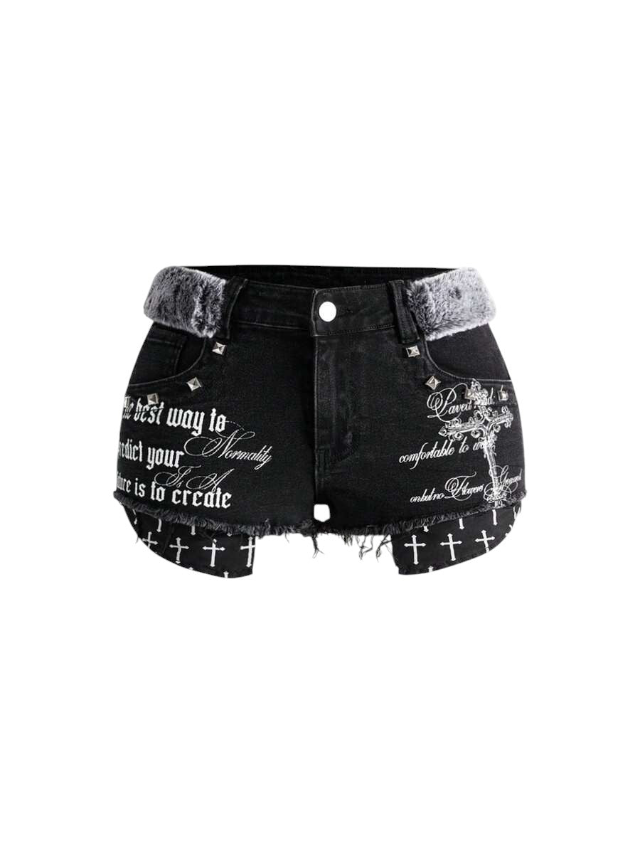 Plus Size Y2K Distressed Cross Stud Denim Mini Shorts