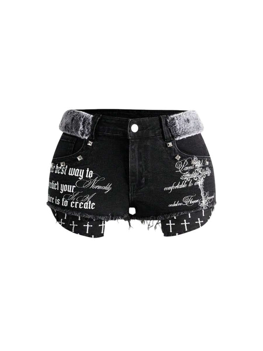 Plus Size Y2K Distressed Cross Stud Denim Mini Shorts