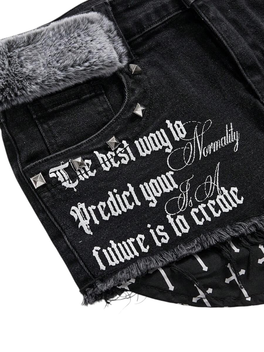 Plus Size Y2K Distressed Cross Stud Denim Mini Shorts