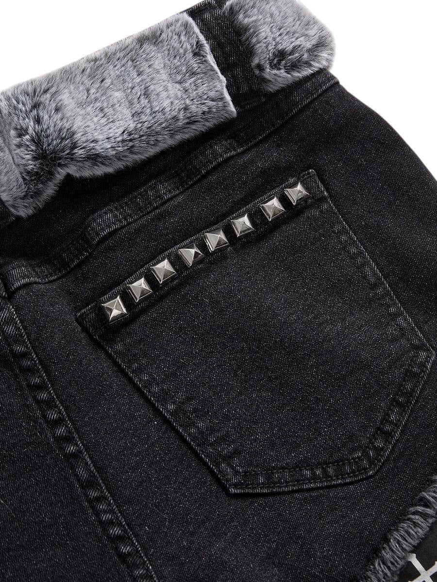 Plus Size Y2K Distressed Cross Stud Denim Mini Shorts
