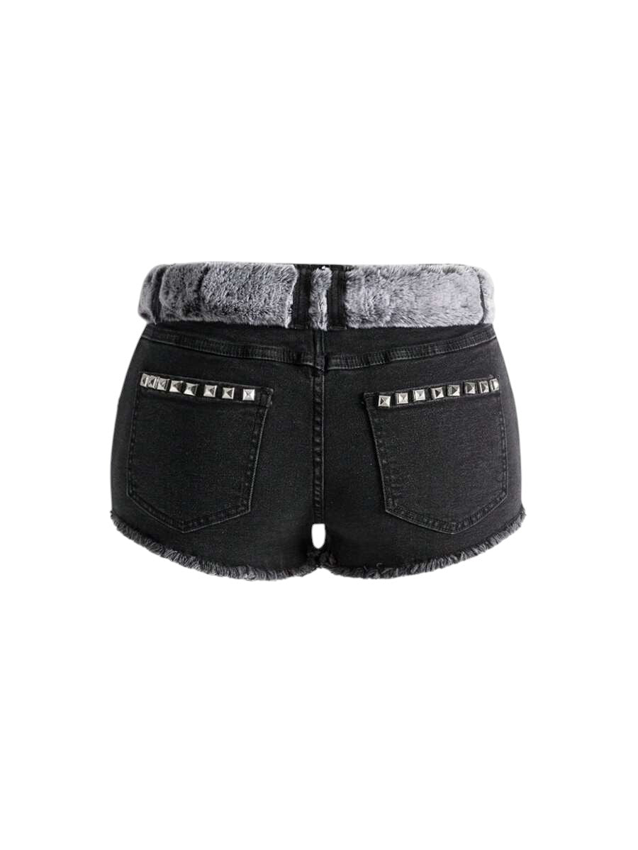 Plus Size Y2K Distressed Cross Stud Denim Mini Shorts