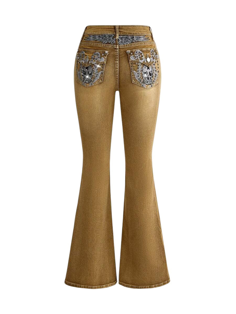 Brown Fairycore Skeleton Wing Embroidered Rhinestone Flare Jeans