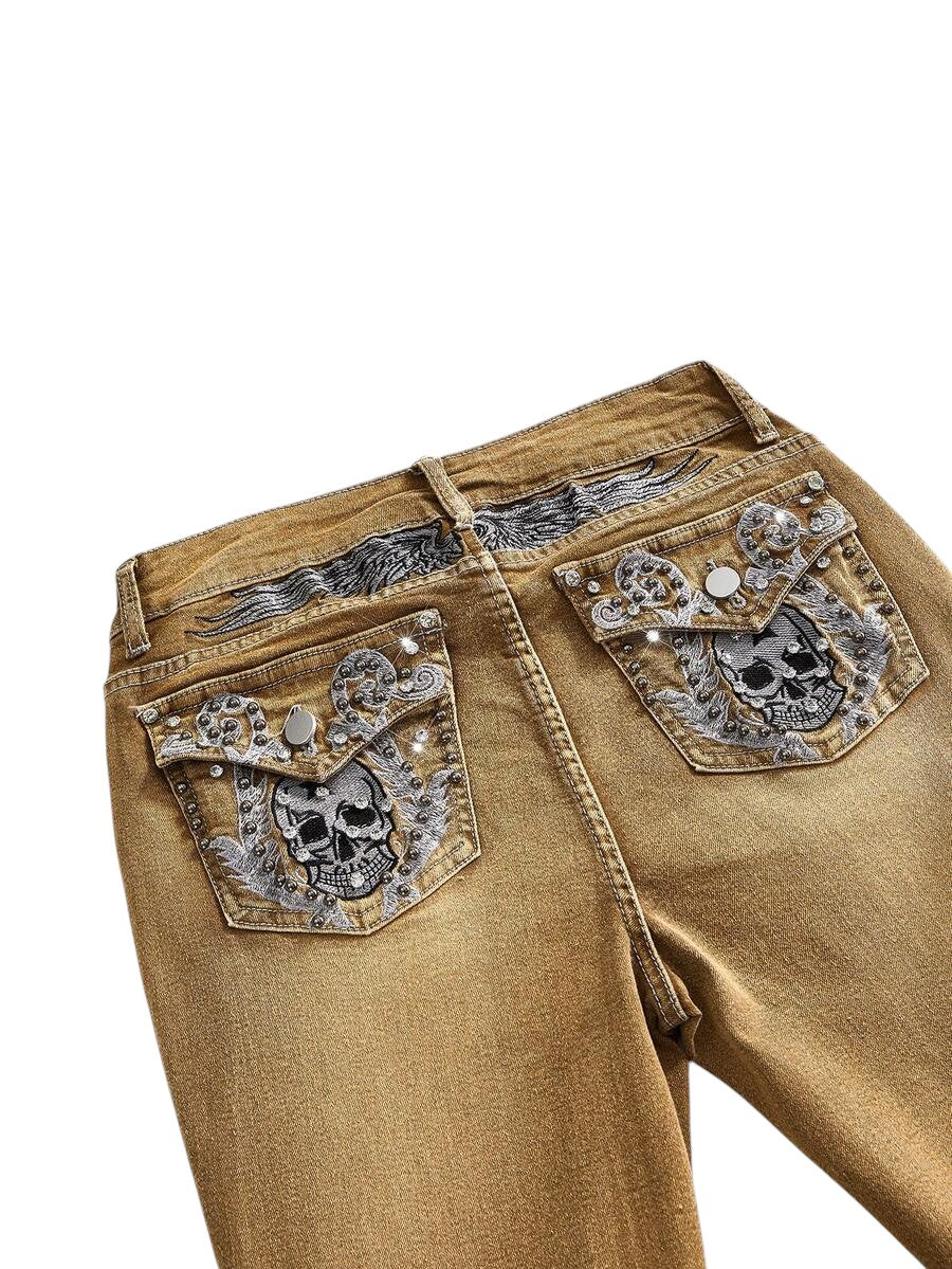 Brown Fairycore Skeleton Wing Embroidered Rhinestone Flare Jeans
