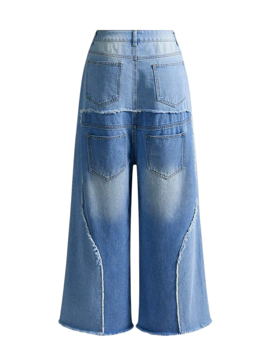 Unisex Asymmetrical Frayed Hem Relaxed Denim Jeans