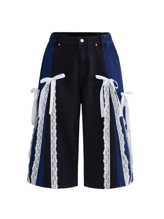 Sporty Patchwork Loose Fit Denim Capri Pants