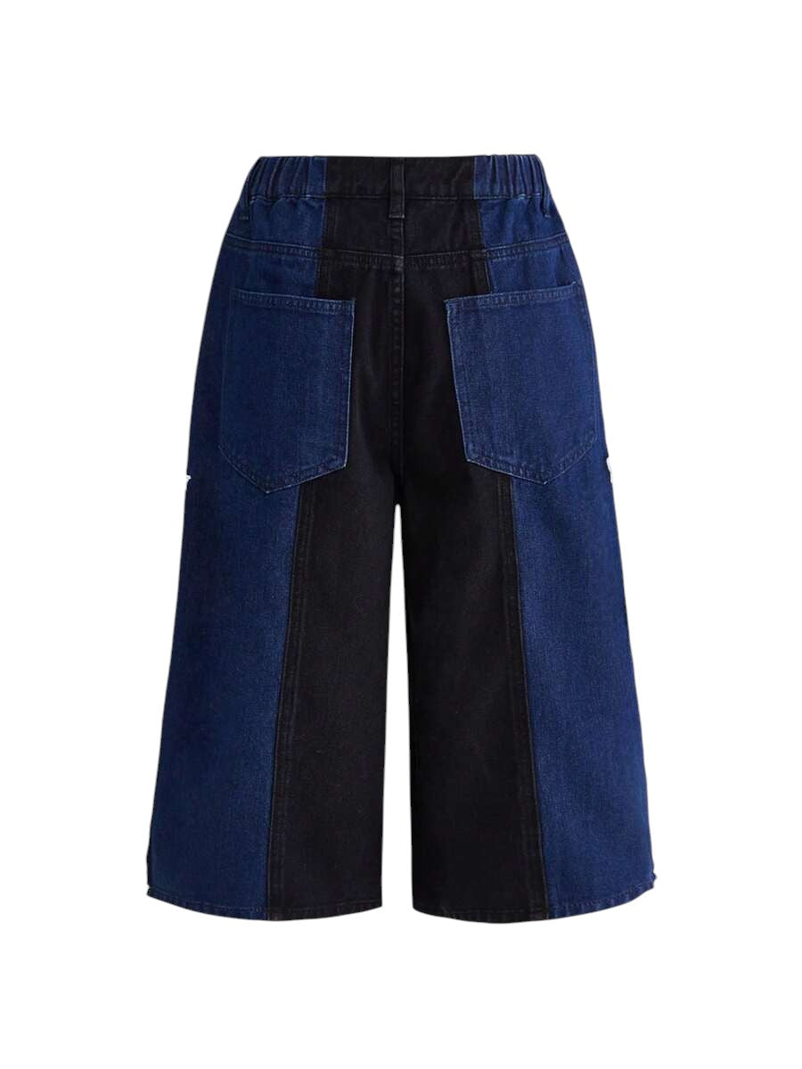 Sporty Patchwork Loose Fit Denim Capri Pants