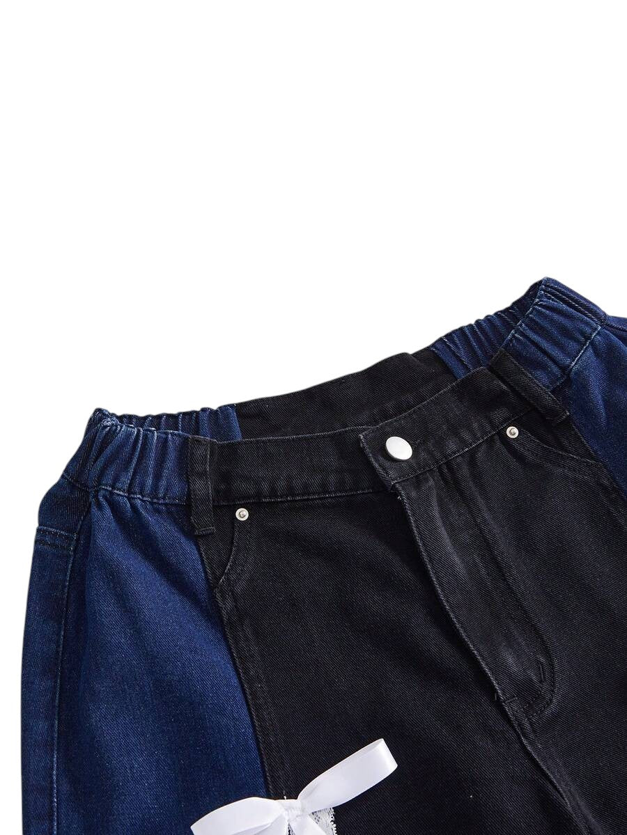 Sporty Patchwork Loose Fit Denim Capri Pants