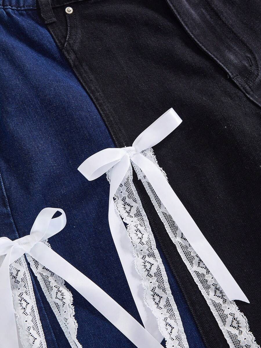 Sporty Patchwork Loose Fit Denim Capri Pants