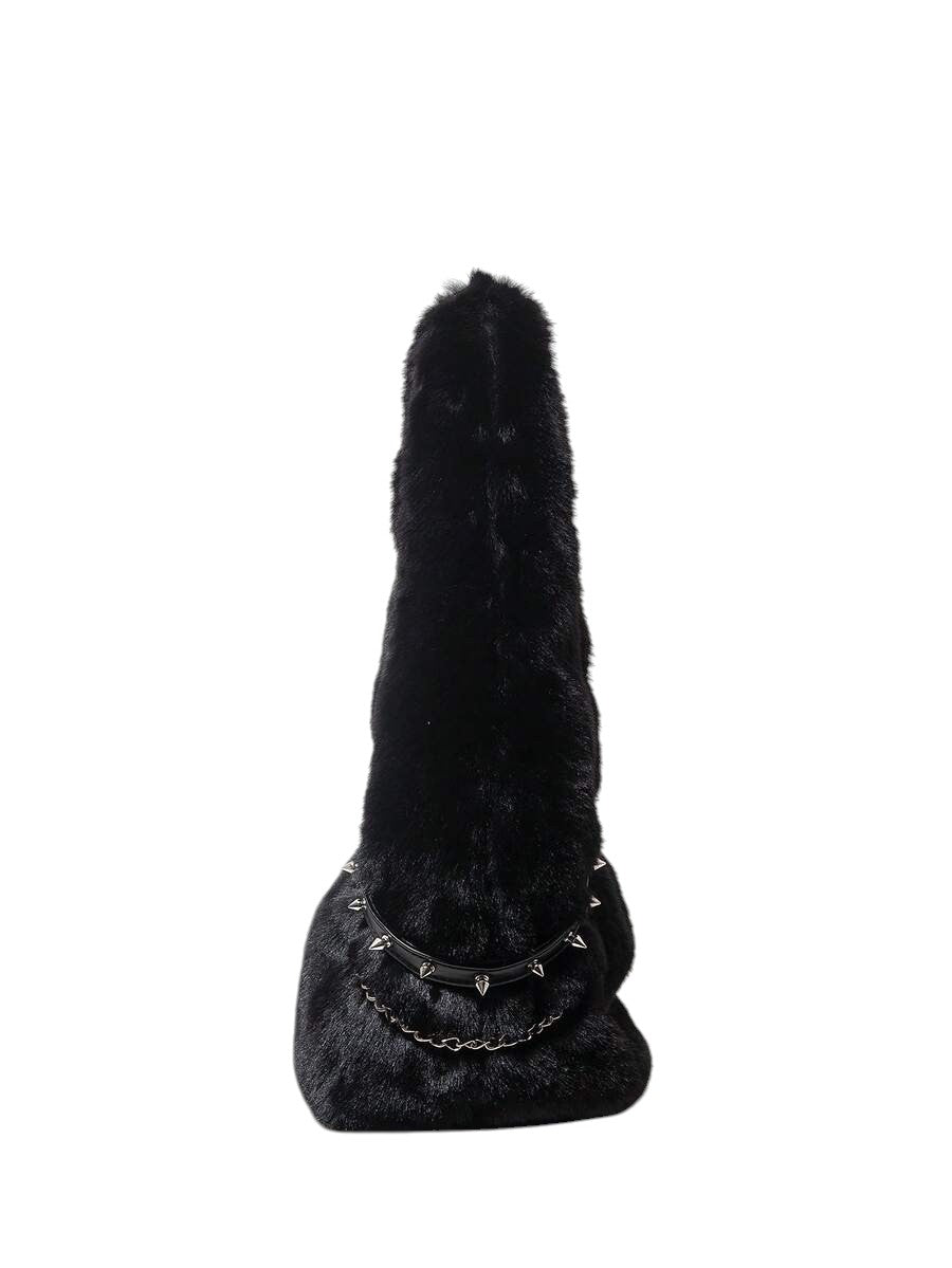 Women's Black Faux Fur Chain Rivet Hobo Shoulder Bag
