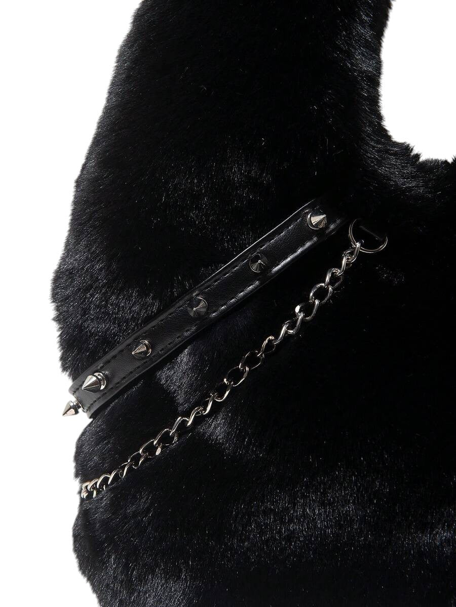 Women's Black Faux Fur Chain Rivet Hobo Shoulder Bag