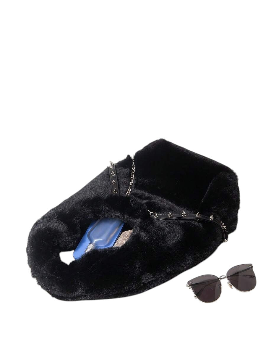 Women's Black Faux Fur Chain Rivet Hobo Shoulder Bag