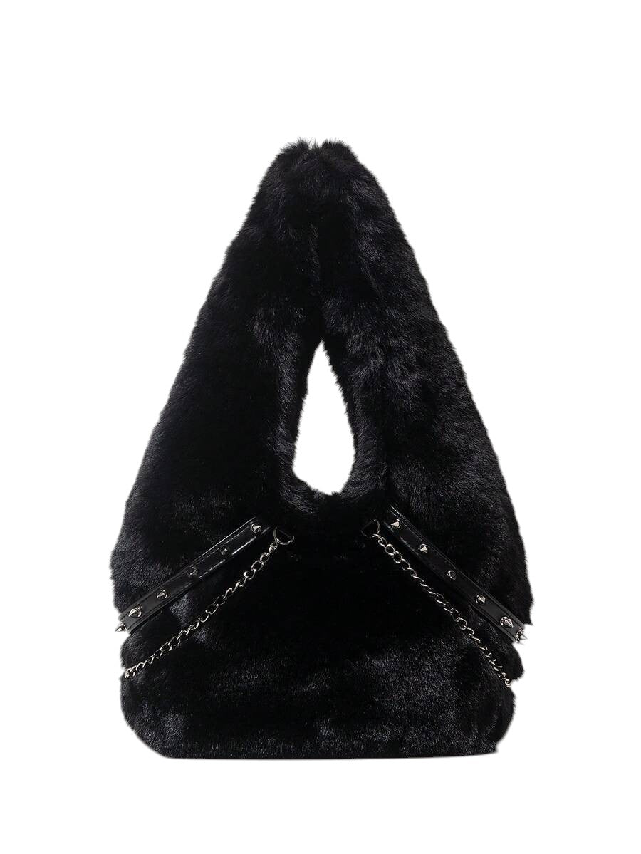 Women's Black Faux Fur Chain Rivet Hobo Shoulder Bag