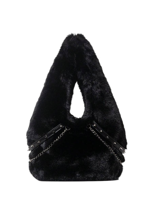 Women's Black Faux Fur Chain Rivet Hobo Shoulder Bag
