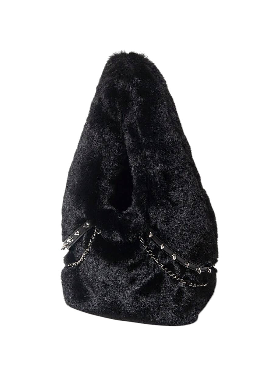 Women's Black Faux Fur Chain Rivet Hobo Shoulder Bag