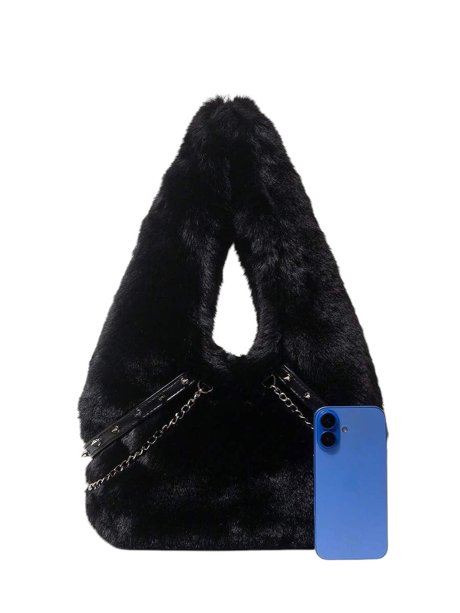 Women's Black Faux Fur Chain Rivet Hobo Shoulder Bag