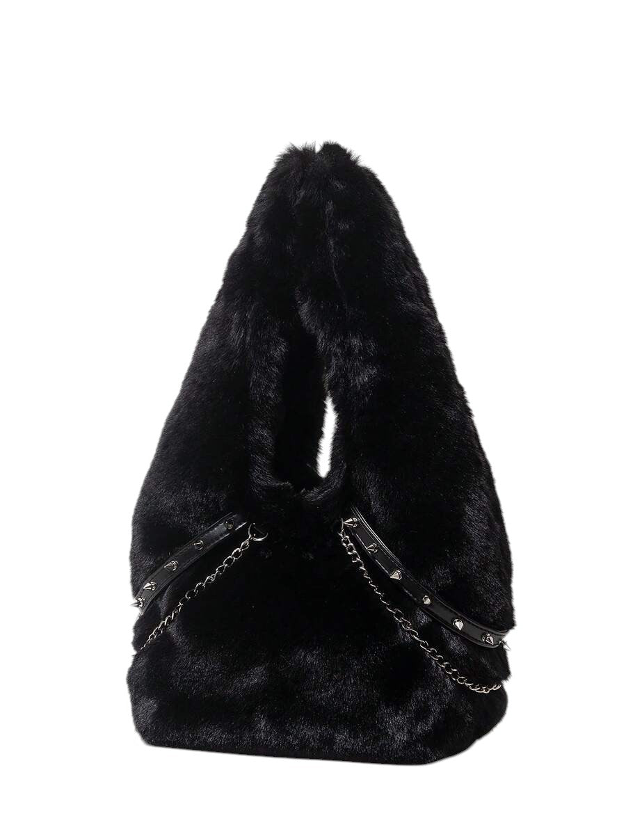 Women's Black Faux Fur Chain Rivet Hobo Shoulder Bag