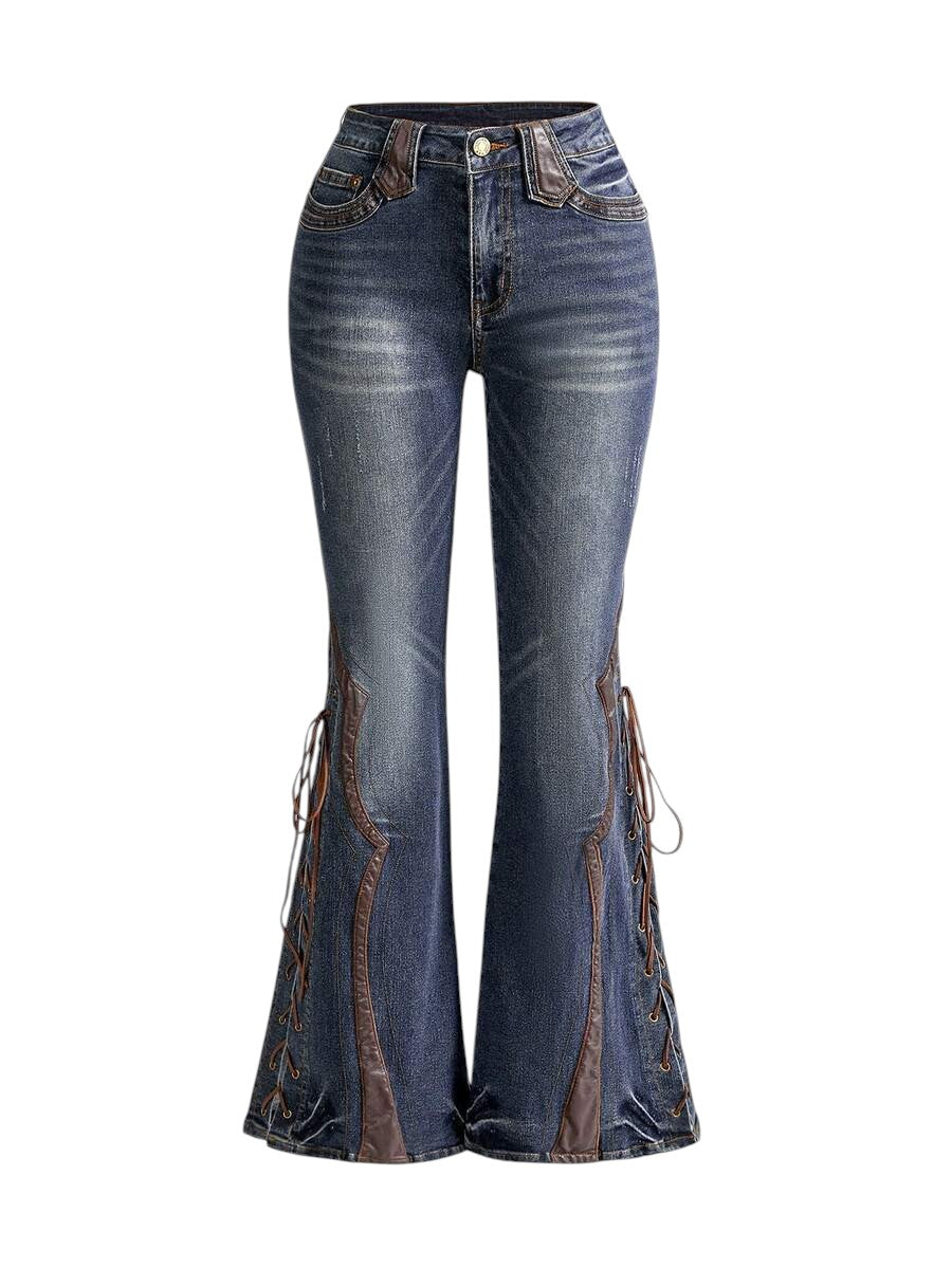 Vintage Patchwork Leather Lace-Up Flare Denim Jeans for Women
