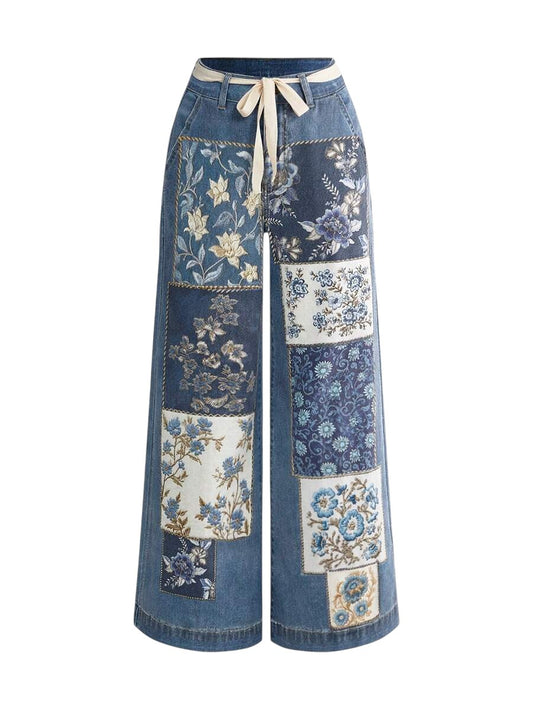 Vintage Patchwork Print Medium Wash Straight Leg Denim Jeans
