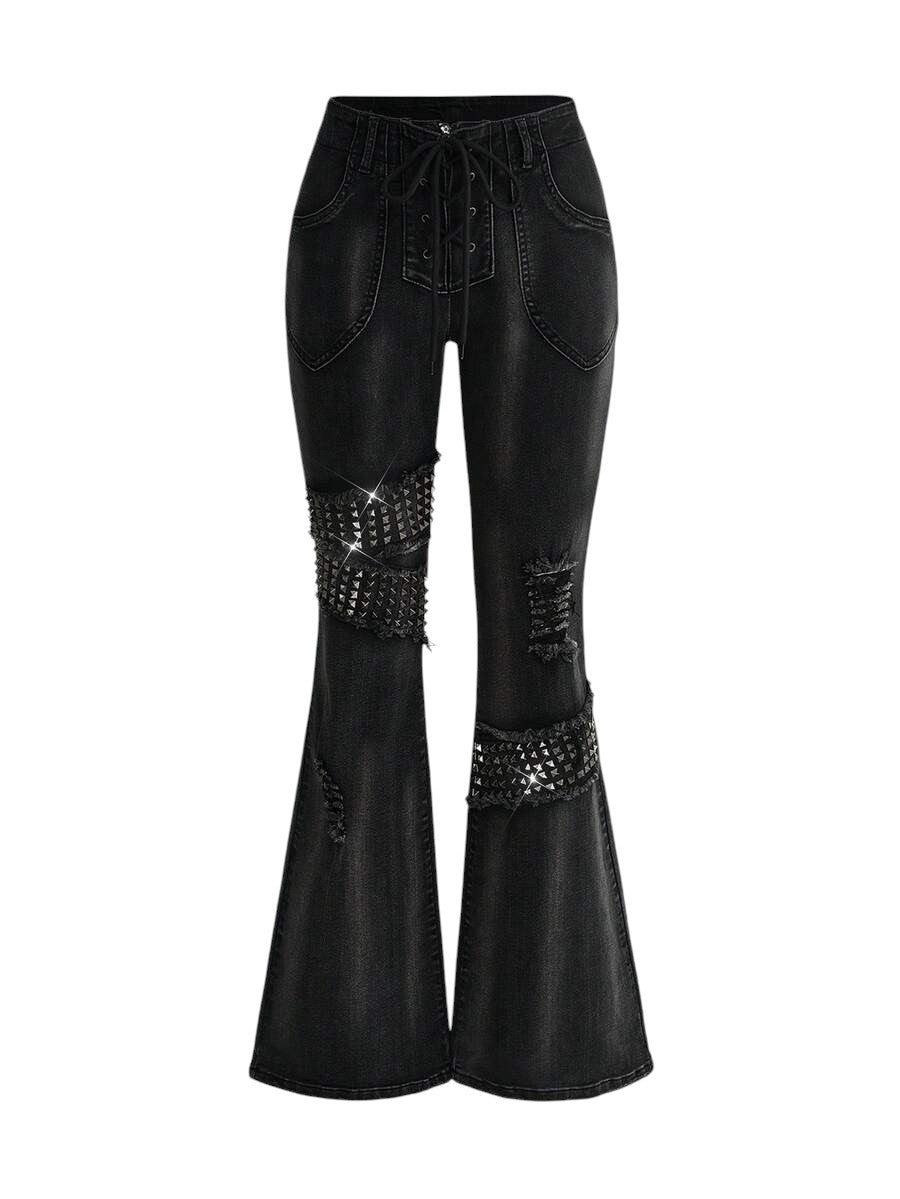 Women's Gothic Rivet Decor Flare Denim Jeans