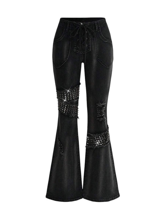 Women's Gothic Rivet Decor Flare Denim Jeans