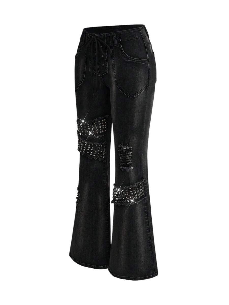 Women's Gothic Rivet Decor Flare Denim Jeans