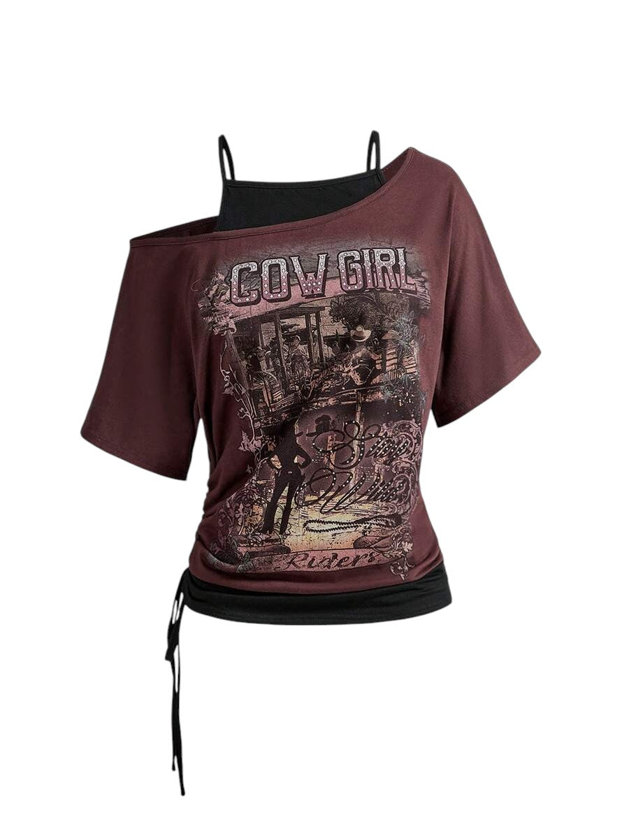 Women's Multicolor Western Print Asymmetrical 2-In-1 Patchwork T-Shirt