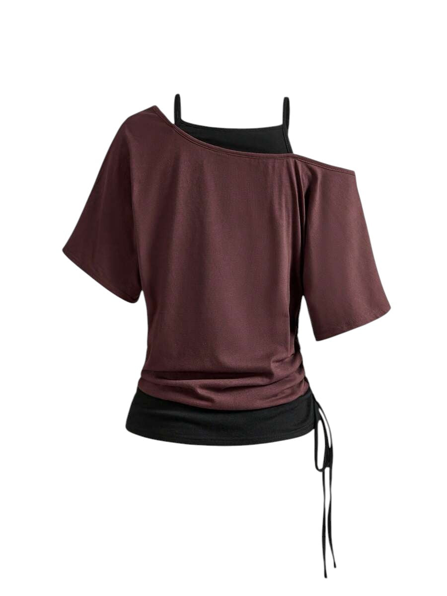 Women's Multicolor Western Print Asymmetrical 2-In-1 Patchwork T-Shirt