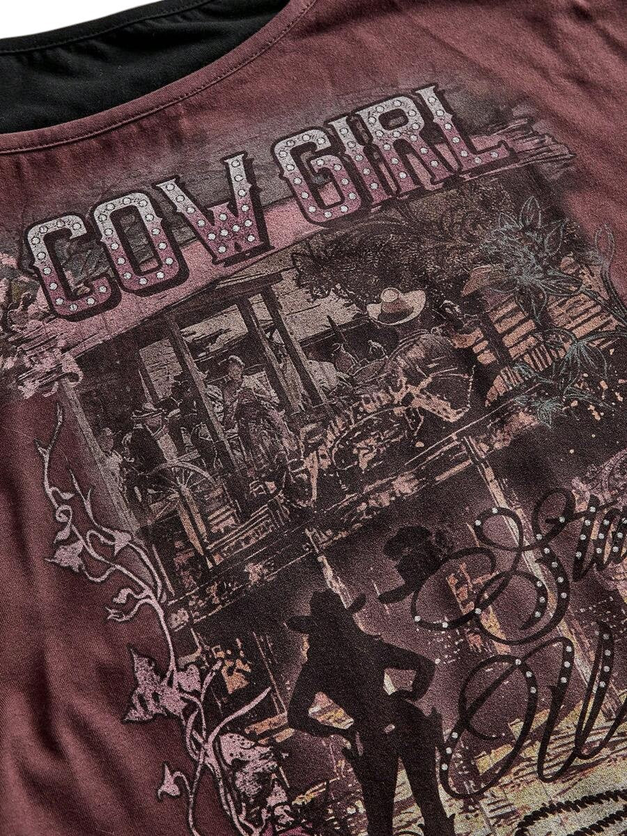 Women's Multicolor Western Print Asymmetrical 2-In-1 Patchwork T-Shirt