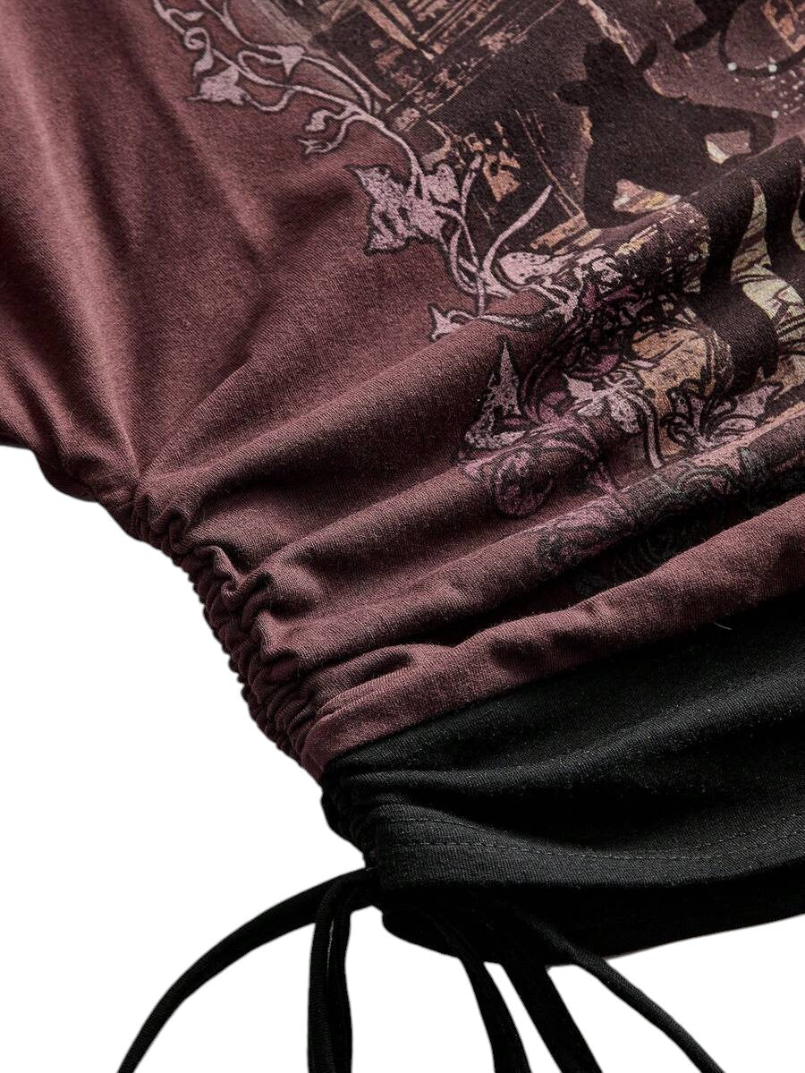 Women's Multicolor Western Print Asymmetrical 2-In-1 Patchwork T-Shirt