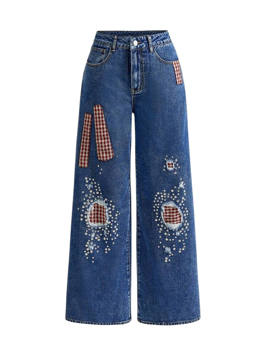 Y2K Studded Distressed Embroidered Low Rise Wide Leg Jeans