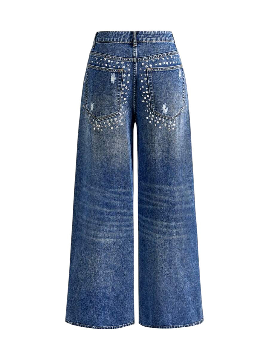 Y2K Studded Distressed Embroidered Low Rise Wide Leg Jeans