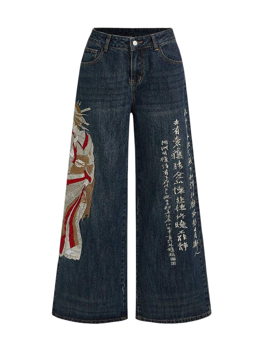 Unisex Vintage Geisha Calligraphy Embroidered Wide Leg Denim Jeans