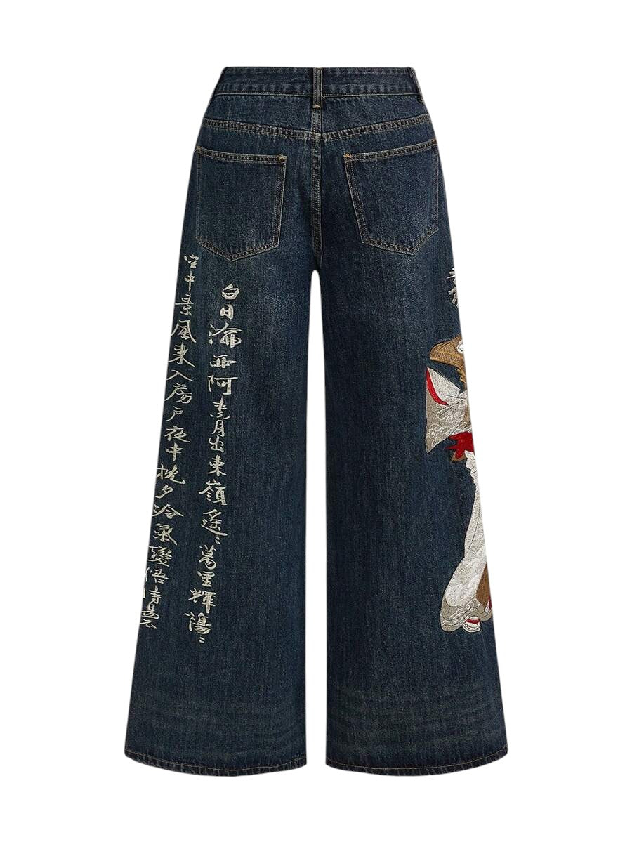 Unisex Vintage Geisha Calligraphy Embroidered Wide Leg Denim Jeans