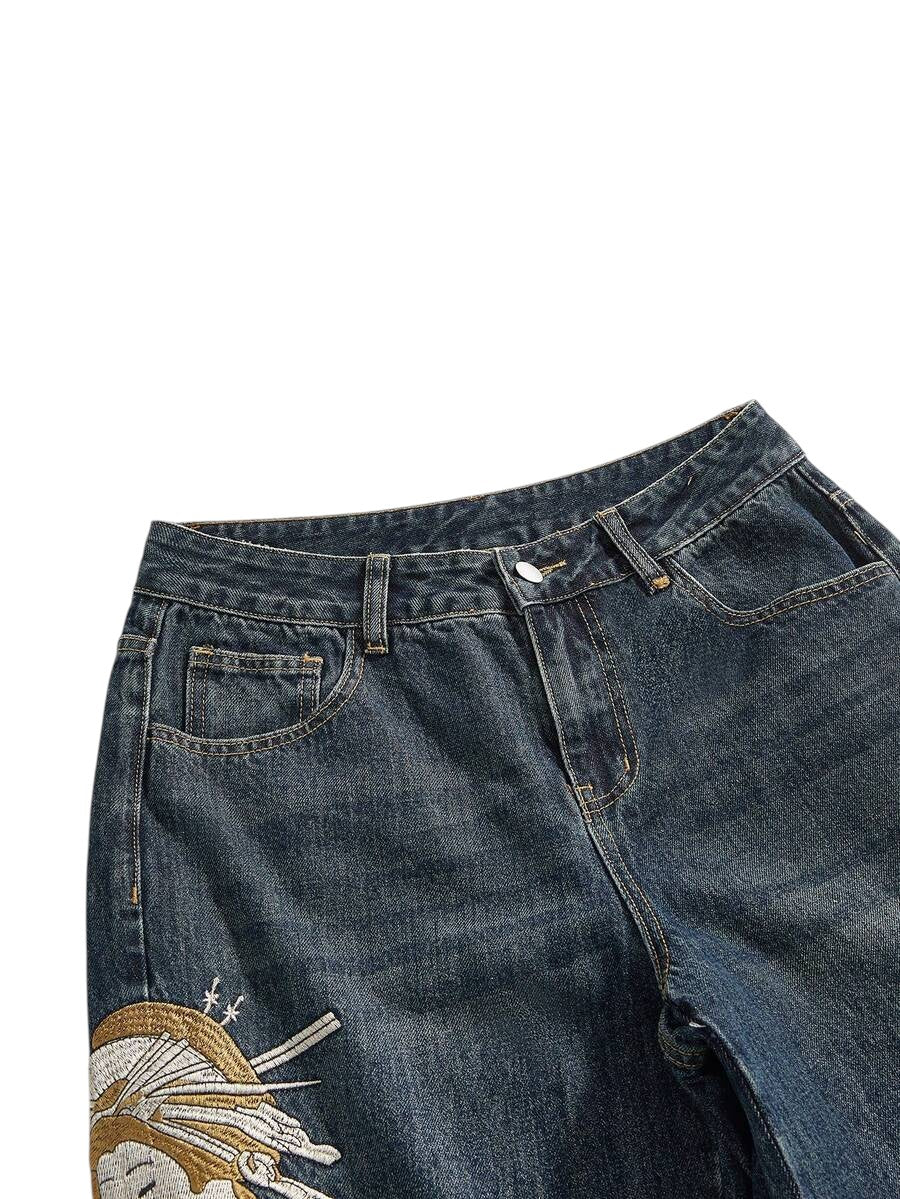 Unisex Vintage Geisha Calligraphy Embroidered Wide Leg Denim Jeans