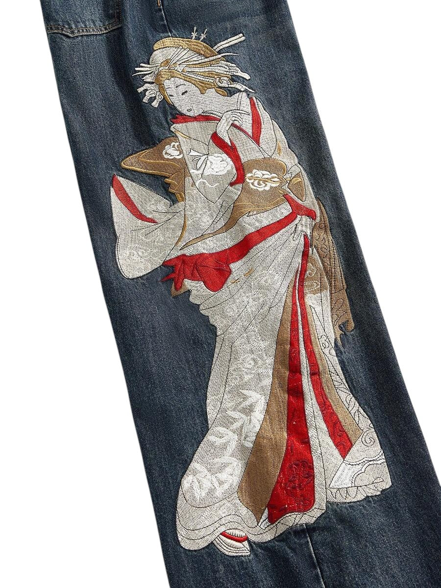 Unisex Vintage Geisha Calligraphy Embroidered Wide Leg Denim Jeans