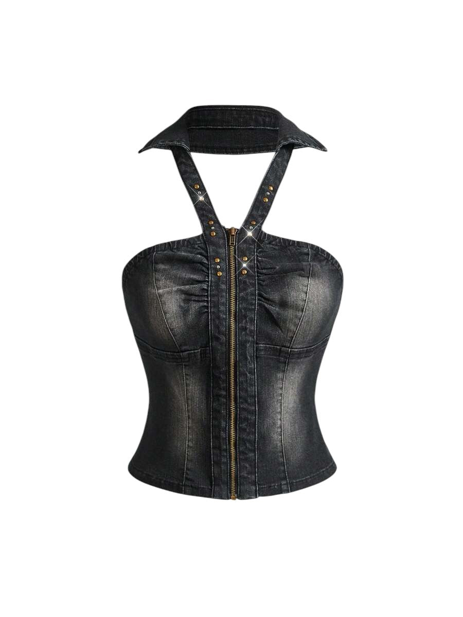 Y2K Studded Distressed Halter Neck Cropped Denim Top
