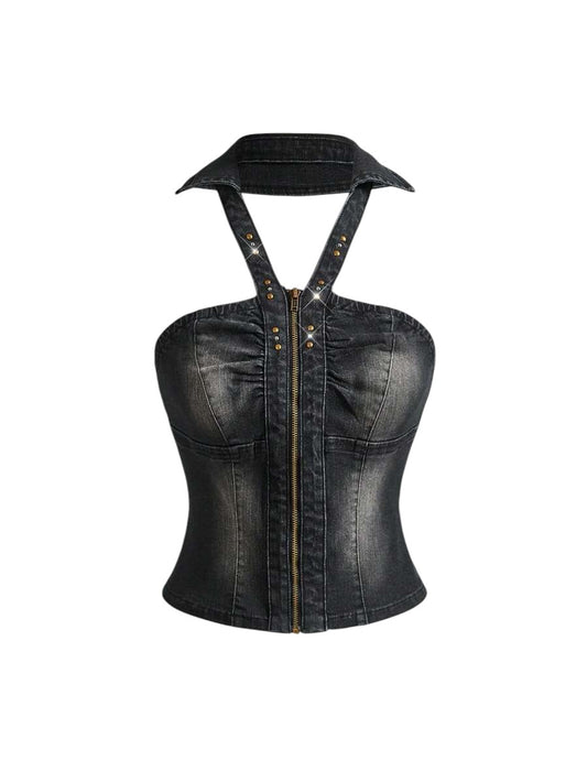 Y2K Studded Distressed Halter Neck Cropped Denim Top