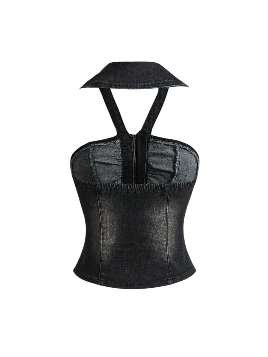 Y2K Studded Distressed Halter Neck Cropped Denim Top