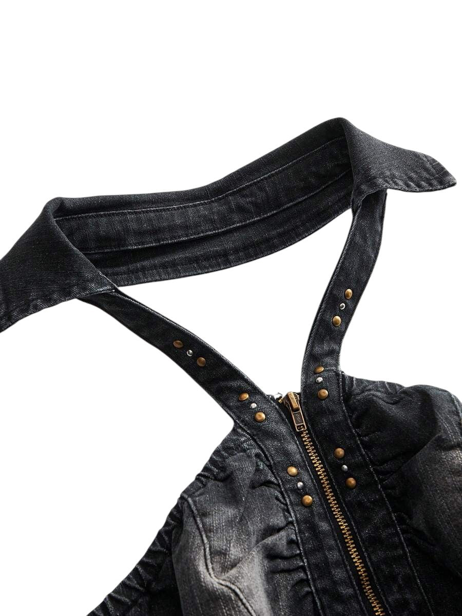 Y2K Studded Distressed Halter Neck Cropped Denim Top