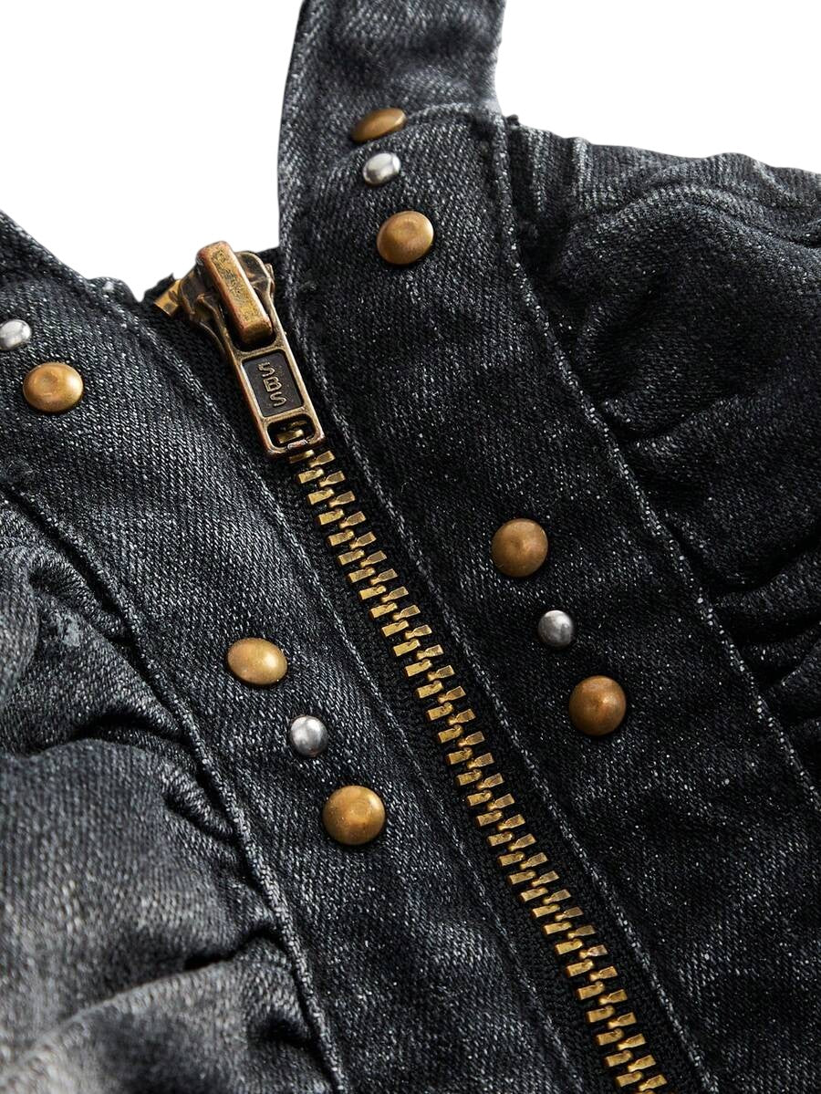 Y2K Studded Distressed Halter Neck Cropped Denim Top