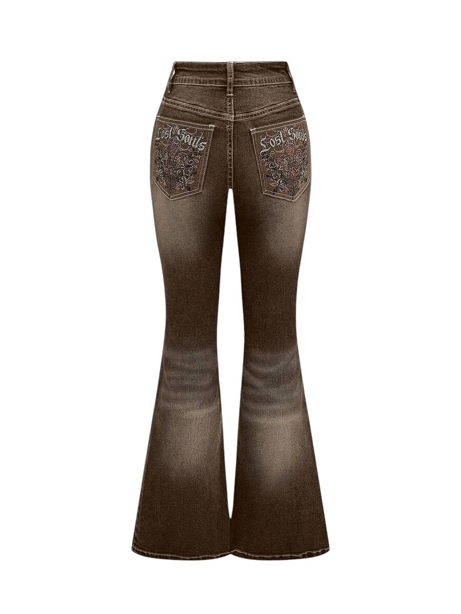 Brown Leopard Embroidered Pocket Flare Denim Jeans for Women