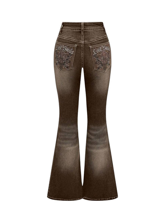 Brown Leopard Embroidered Pocket Flare Denim Jeans for Women