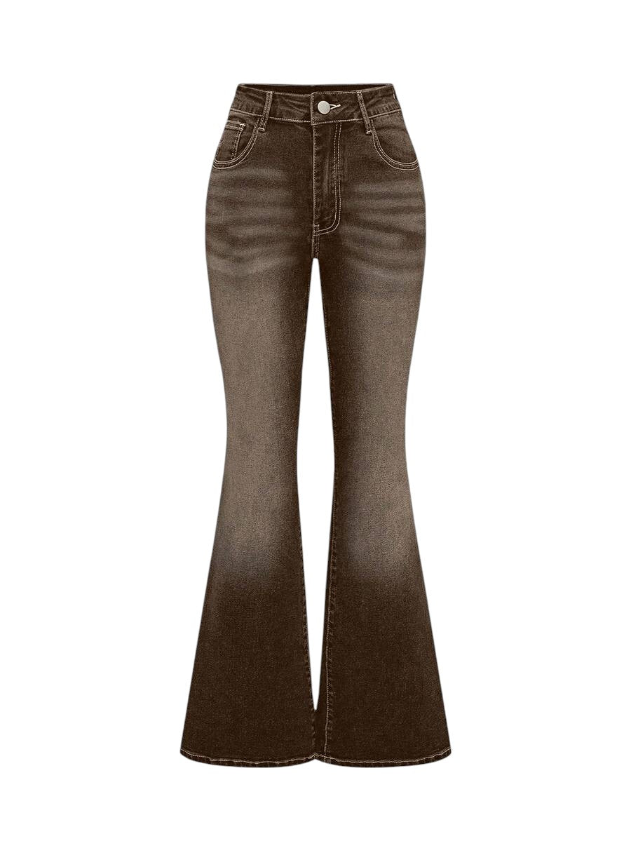 Brown Leopard Embroidered Pocket Flare Denim Jeans for Women
