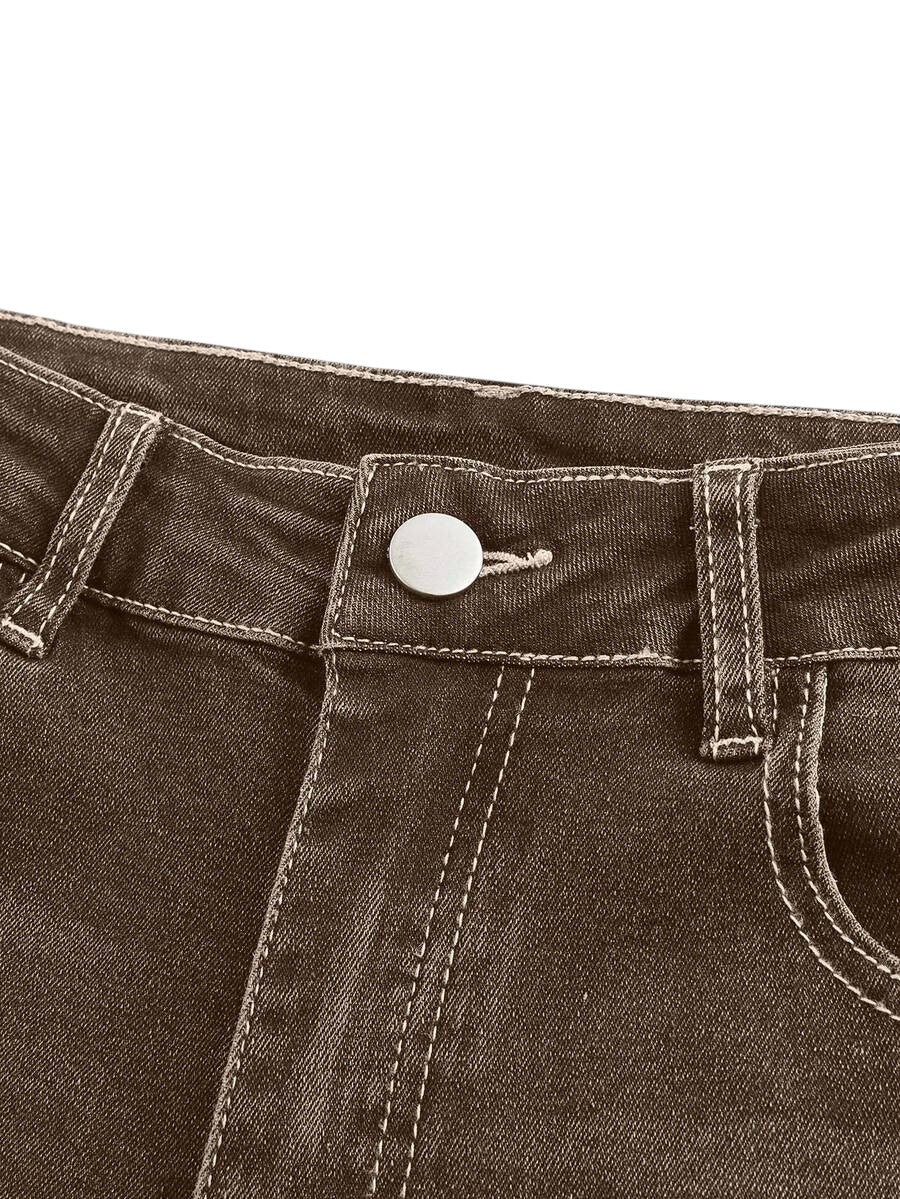 Brown Leopard Embroidered Pocket Flare Denim Jeans for Women