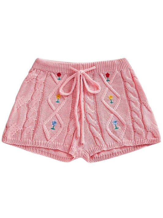 Kawaii Floral Embroidered Knit Shorts for Women