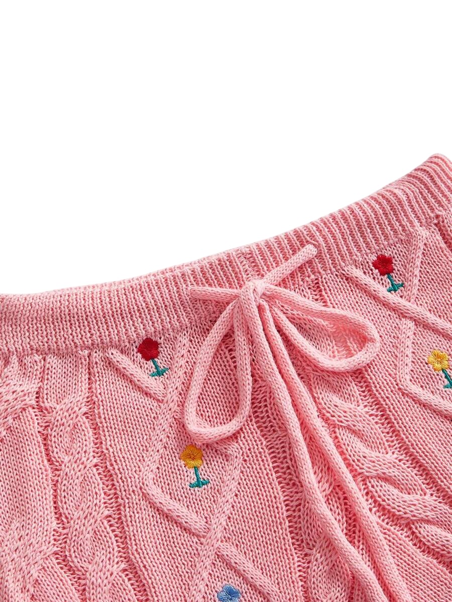 Kawaii Floral Embroidered Knit Shorts for Women