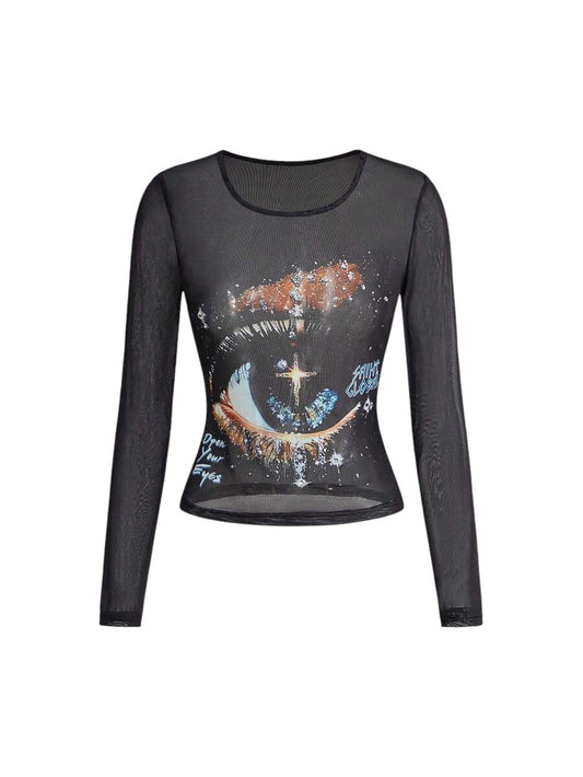 Starry Sky Mesh Sheer Retro Streetwear Long Sleeve Blouse