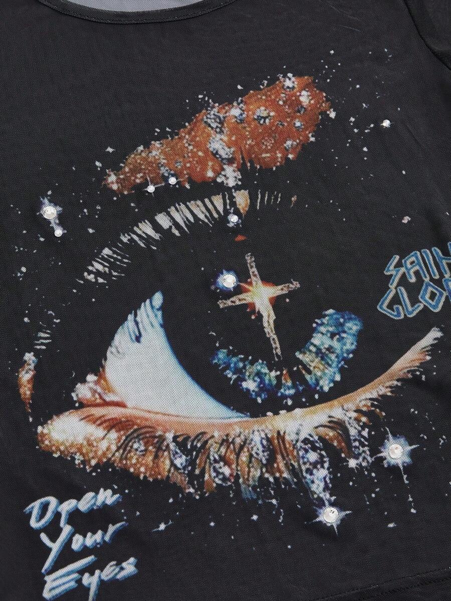Starry Sky Mesh Sheer Retro Streetwear Long Sleeve Blouse