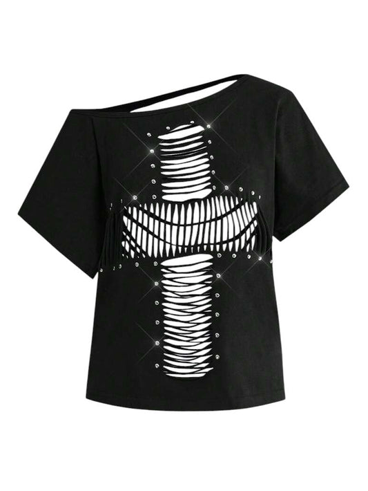 Black Y2K Cross Rivet Laser Cut Oversized Streetwear T-Shirt